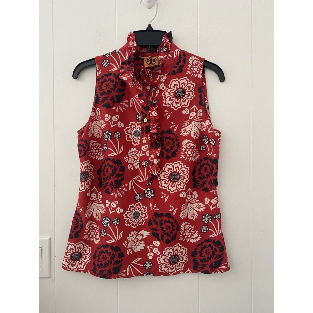 Tory Burch 100% Silk Ruffled Red Floral Sleeveless Blouse‎ Size 6